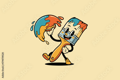 Retro Cartoon Paintbrush Character Holding Dripping Paint.