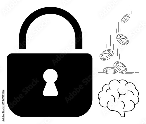 Large lock symbolizes security, coins suggest monetary exchange, and brain represents intellect. Ideal for finance, privacy, cybersecurity, business, intellectual property innovation education. A