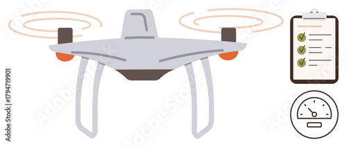 quadcopter hovering with spinning propellers beside a checklist and speedometer symbolizing efficiency, technology, progress. Ideal for innovation, delivery, safety, automation, surveillance