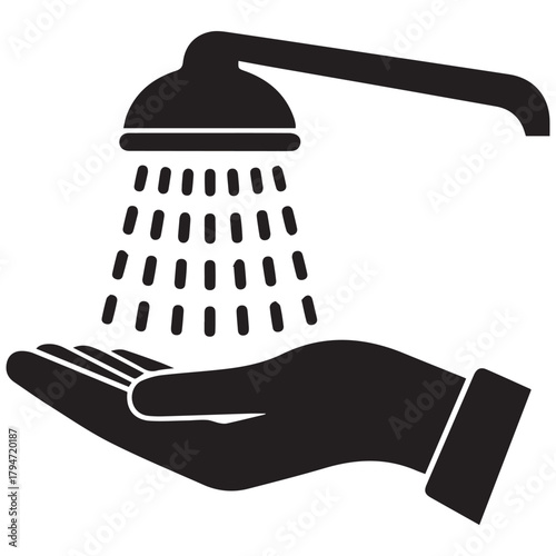 Hand under shower head with water flowing hygiene concept.