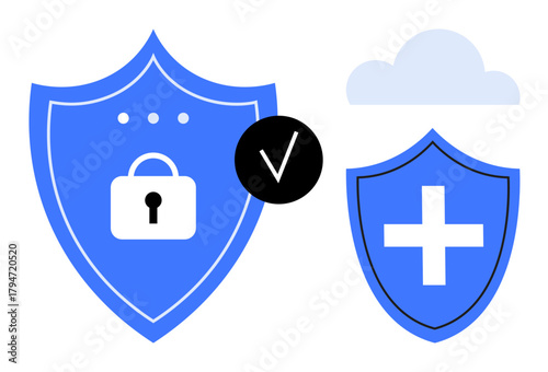 Blue shields with lock and medical cross icons, a cloud, and a checkmark. Ideal for cybersecurity, healthcare, protection, privacy, cloud storage, antivirus and safety concepts in a simple flat