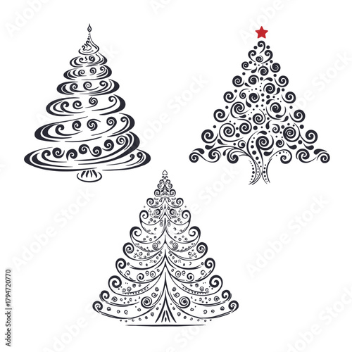 Decorative hand-drawn doodle Christmas trees set