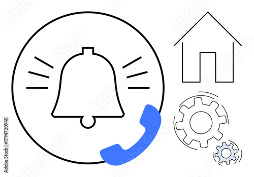 Bell with call icon for alerts, house for home systems, gears for workflow. Ideal for notifications, alerts, communication, home automation, workflow settings time management. Simple flat metaphor