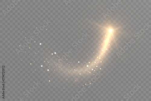Golden magical comet light effect with lots of sparkling bokeh and twinkling light effects. Magical golden trail for web design and fairy tale decor. Vector
