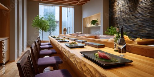 Sushi counter in minimalist Kyoto style restaurant with wooden bar seating, plated sashimi, wine glass and serene interior lighting