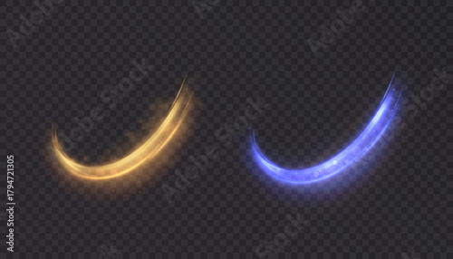 Glowing curved semicircular light trails on a black background. Bright lighting effects for highlighting and light overlays.