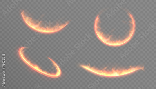 Fiery glowing arcs with fiery edges on a transparent background. Fiery arcs with bright flame effects for magical overlays and dynamic effects. 