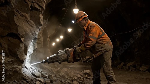 Underground Mining: Miner at Work with Jackhammer in a Dark Tunnel