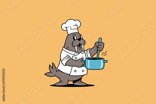Cartoon Walrus Chef Cooking Delicious Food in Pot.
