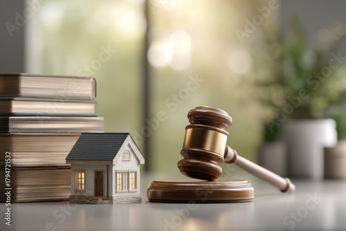 Real estate law concept gavel house model books