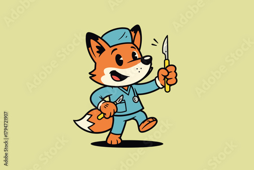 Cute cartoon fox doctor holding a scalpel with a smile.