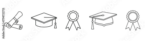 Collection of outline vector icons featuring graduation elements like diploma, cap, and award ribbon, minimalist design on transparent background