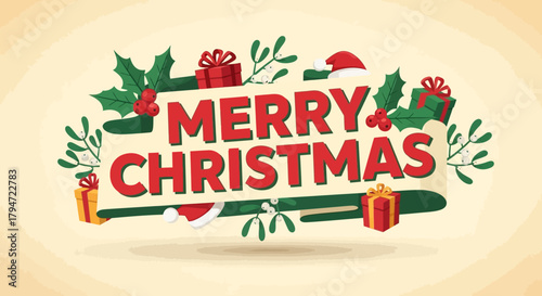 Celebrate the joyous holiday season with vibrant Merry Christmas greetings adorned with festive gifts and traditional holly and mistletoe