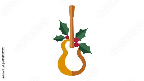Festive Guitar Icon: A decorative vector illustration of a guitar, adorned with festive holly leaves and berries, perfect for holiday-themed designs.
