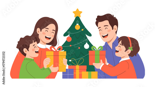 Festive Family Gifting: A warm-hearted family gathers around a decorated Christmas tree, exchanging brightly wrapped presents. The scene evokes feelings of love, joy, and togetherness.