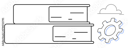 Two stacked books beside a gear and a cloud suggest the blend of education, technology, and creativity. Ideal for e-learning, innovation, development, progress, intellectual growth, future concepts