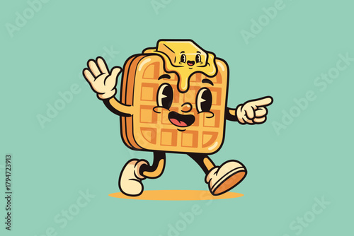 Retro Waffle Character with Butter and Syrup.