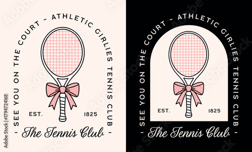 Tennis club logo girls training group funny quotes see you on the court women player pun shirt design. Cute racket with bow coquette chic preppy retro pink black aesthetic badge sticker poster print.