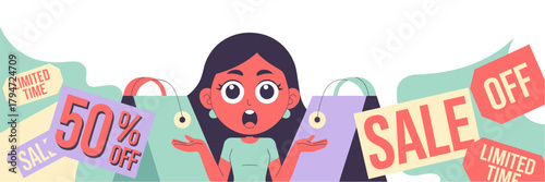 Surprised big eyes woman with shopping bags and sale signs against colorful background - flat vector for marketing and promotions