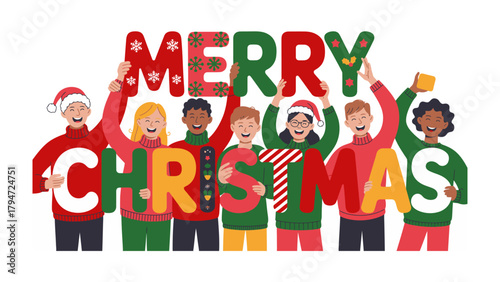 Joyous Greetings: A vibrant group of friends come together with open arms, raising festive lettering to celebrate the most wonderful time of the year.