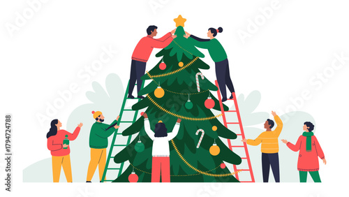 Christmas Tree Decoration: A vibrant scene captures the spirit of the season as a diverse group comes together, meticulously adorning a grand Christmas tree with ornaments, lights.