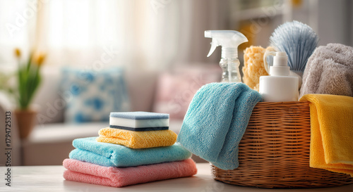 Cleaning supplies on a table with colorful spray bottles, sponges, and yellow gloves wiping a pink cloth. Household cleaning concept with detergents and tools in soft daylight.
