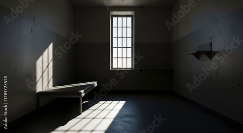 Fototapeta Naklejka Na Ścianę i Meble -  Grungy, empty prison cell with barred window and light pouring through. Concept of confinement, isolation and hope. Solitary room.