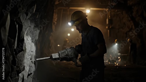 Underground Mining: Worker Drilling Rock Face in a Dark, Dusty Tunnel