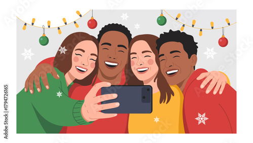Joyful selfie with holiday vibes: A diverse group of friends gathers for a warm selfie, adorned in festive sweaters, capturing a moment of friendship amid cheerful holiday decorations and atmosphere.