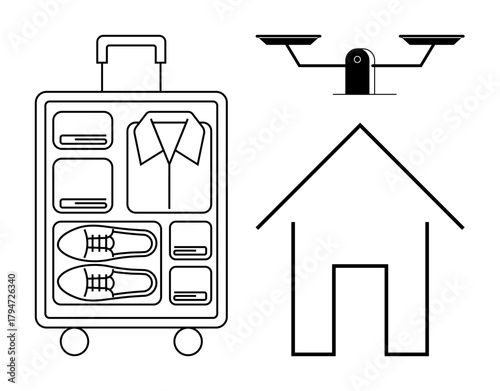Open suitcase with clothes and shoes, simple house outline, balanced scales symbol. Ideal for travel, organization, choices, home security, minimalism lifestyle equality. Simple flat metaphor