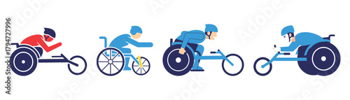 Illustrations of wheelchair racers competing, representing adaptive sports, athleticism, and determination on transparent background