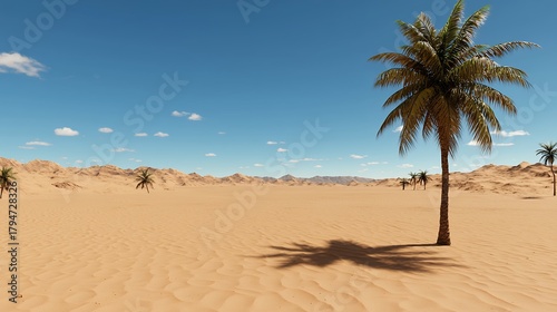 Expansive Desert Landscape with Lone Palm Tree under Bright Sky