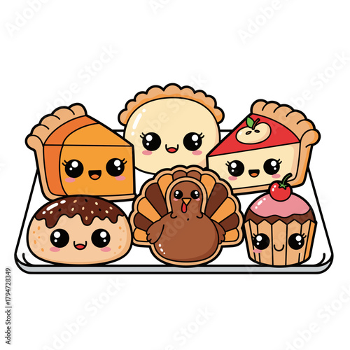 Cute cartoon Thanksgiving dessert tray with assorted pastries