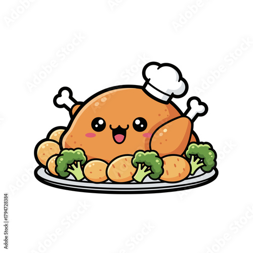 Cute turkey platter closeup with smiling chef and vegetables, Thanksgiving  