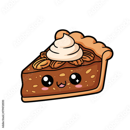 Cute slice of pecan pie with whipped cream and happy face for Thanksgiving   