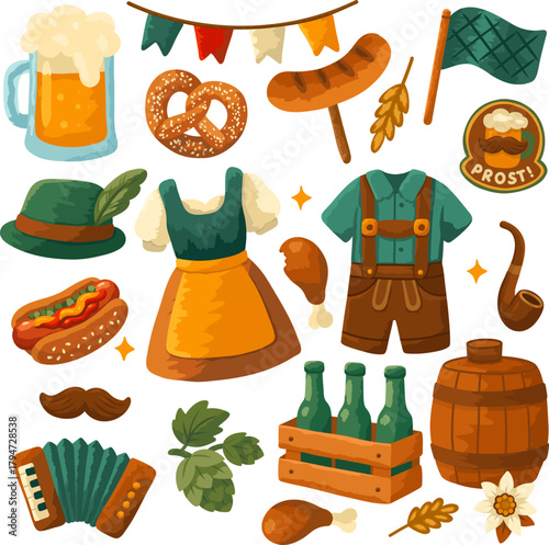 Traditional Oktoberfest elements with beer, pretzels, outfits and food in festive illustration, perfect for event poster, seasonal decor
