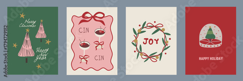 Hand drawn la dolce vita Christmas doodles. Vector illustration cards icon, bows, tree, wine, wreath. Minimalist winter for birthday, invitations, stationery, printables, social media, wall art.