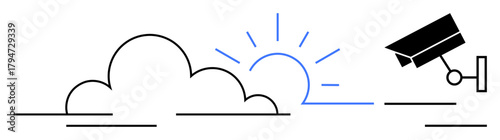 Surveillance camera facing sunrise with clouds in minimal style lines. Ideal for security, monitoring, technology, vigilance, privacy, control, safety awareness concepts. A simple flat metaphor
