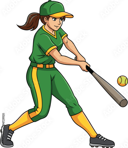 Confident girl softball player in green uniform swinging bat, cartoon sports illustration, female baseball hitter character, youth team training and competition concept