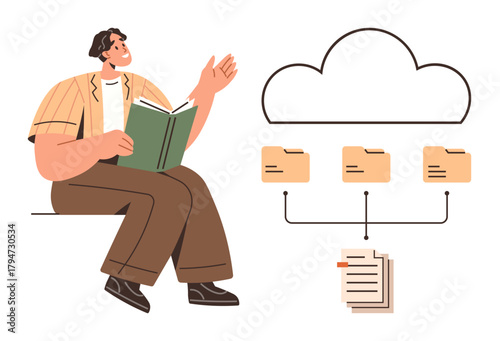 Person reading, connected to cloud network with folders and documents. Ideal for education, knowledge sharing, data storage, digital learning, cloud computing, productivity, simple flat metaphor