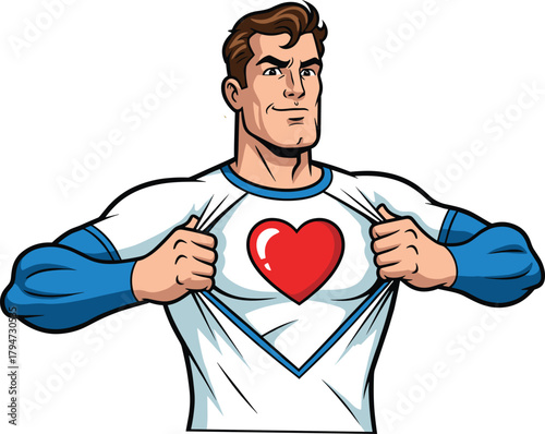 Superhero man illustration, red heart symbol, emotional strength, white shirt reveal, comic style vector, compassion and heroism, confident pose, blue trim