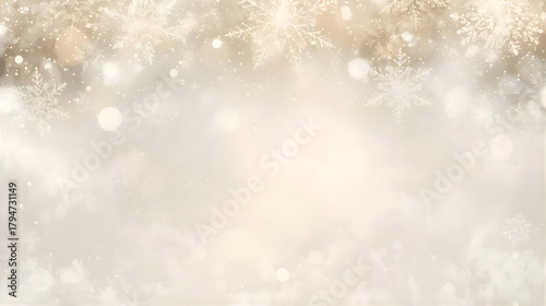 Abstract background featuring blurred golden snowflakes and bokeh lights creating a festive, wintery, and elegant atmosphere.