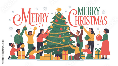 Christmas Spirit: A heartwarming illustration of a community coming together to decorate a Christmas tree, radiating the joy and spirit of the holiday season. 
