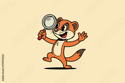 Cute cartoon weasel character holding a magnifying glass and loo