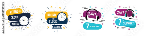 Roundtheclock access and 247 support icons customer service, online assistance, and technical support vector illustration set on transparent background