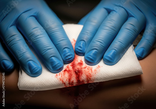 First responder applying direct pressure with a sterile gauze pad to a bleeding wound to stop the bleeding