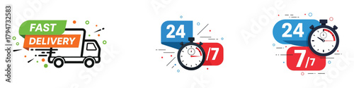 Fast delivery truck, 247 service icons express shipping, quick order, and always available concept vector illustration for online store, banner on transparent background