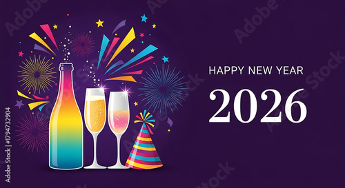 Happy new year 2026 with champagne bottle and fireworks illustration