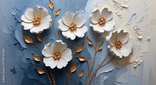 Fototapeta Naklejka Na Ścianę i Meble -  Abstract floral painting; impasto technique. White flowers, golden-brown centers, stems, leaves. Blue-grey textured background, visible brushstrokes, 3D effect. Banner, wallart