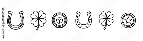 Lucky charm icons featuring horseshoe, fourleaf clover, and coin, symbolizing good fortune, luck, and prosperity in a minimalist black and white design on transparent background